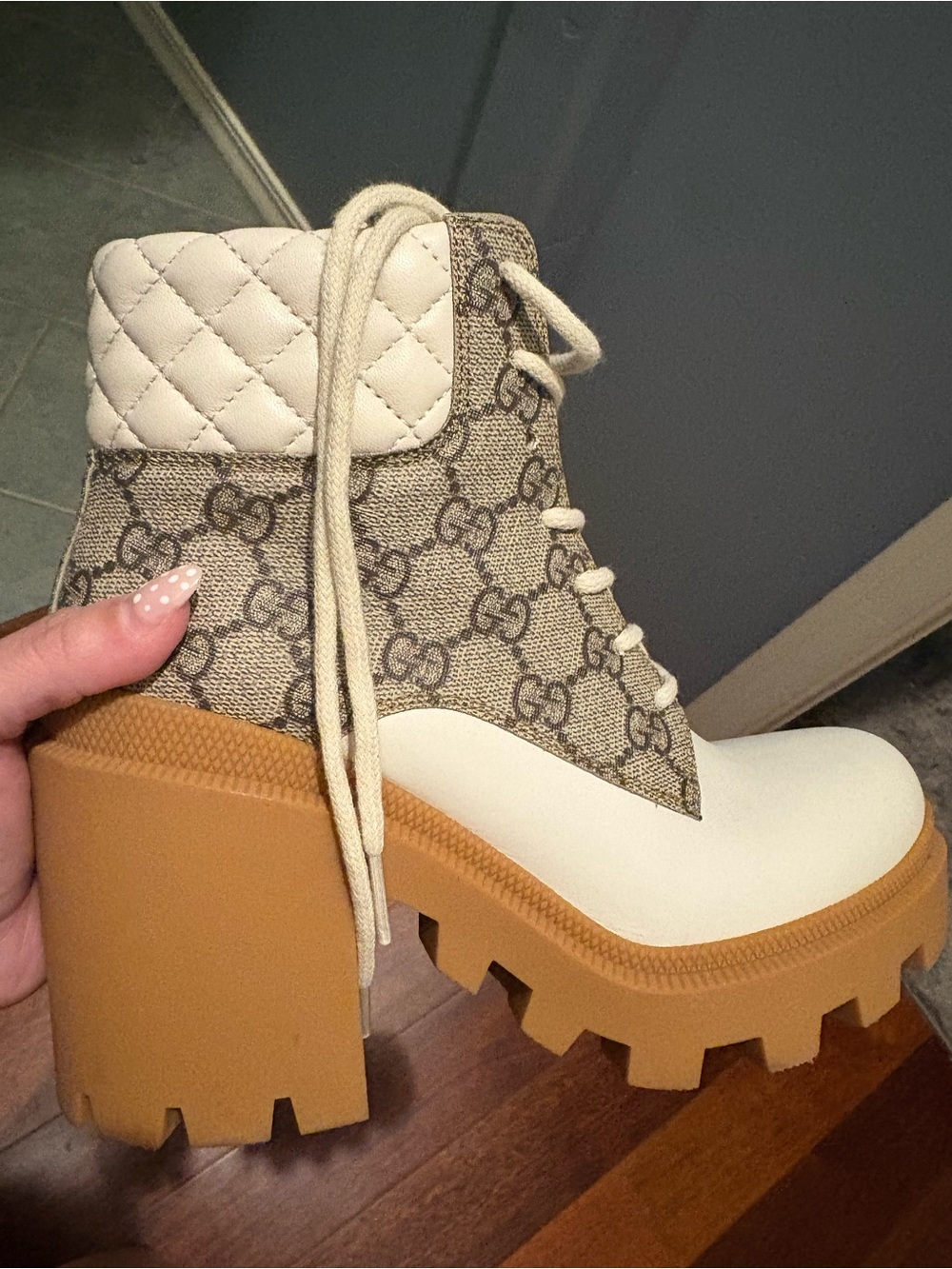 Gucci Cream, Brown & Tan Quilted-Collar Lug Sole Ankle Boot - Picture 2 of 9